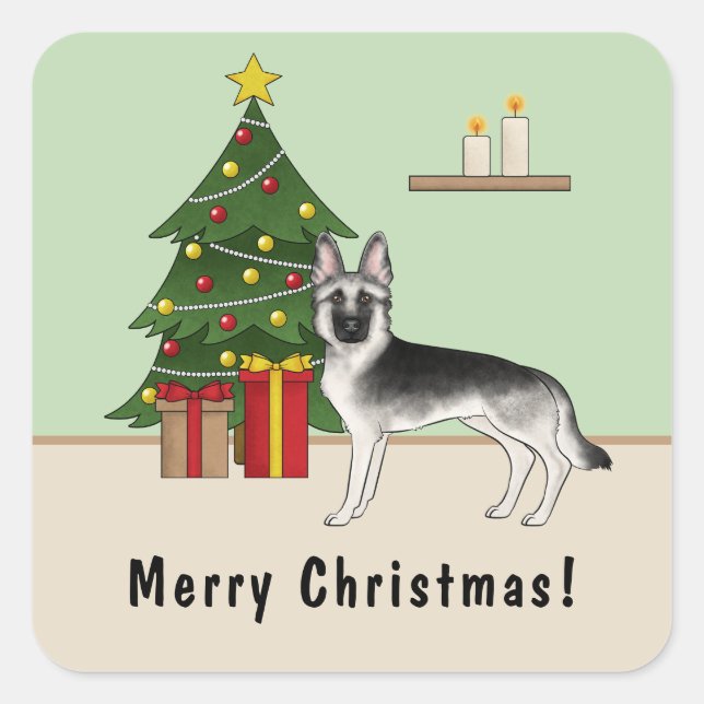 Silver Sable German Shepherd Festive Christmas Square Sticker (Front)