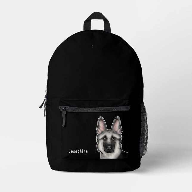 Silver Sable German Shepherd Head And Name Black Printed Backpack (Front)