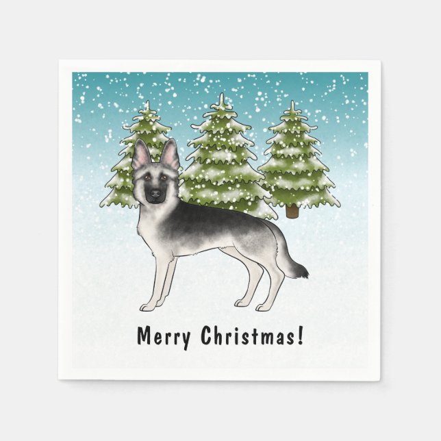 Silver Sable German Shepherd In Winter With Text Napkin (Front)