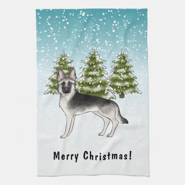 Silver Sable German Shepherd In Winter With Text Tea Towel (Vertical)