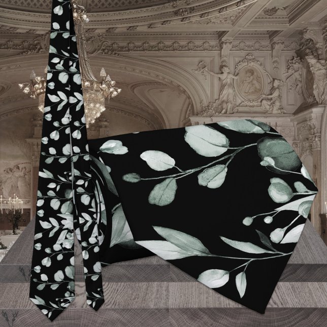 Silver Sage & Black Eucalyptus Greenery Wedding Tie (Creator Uploaded)