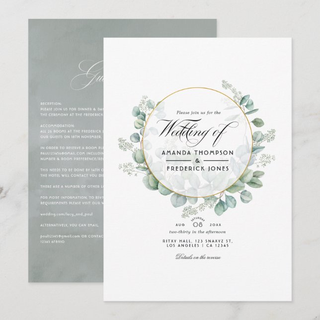 Silver Sage Eucalyptus Geometric Wedding Invitation (Front/Back)