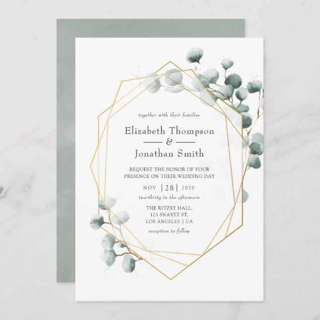 Silver Sage Eucalyptus Geometric Wedding Invitation (Front/Back)