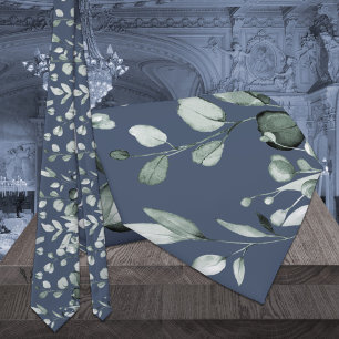 Silver Sage Eucalyptus Greenery Wedding Navy Blue Tie