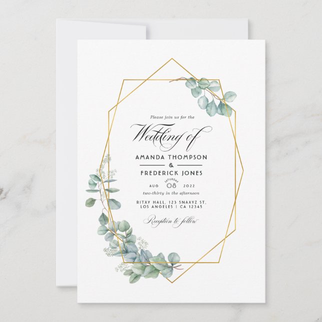 Silver Sage Geometric Eucalyptus Wedding Photo Invitation (Front)