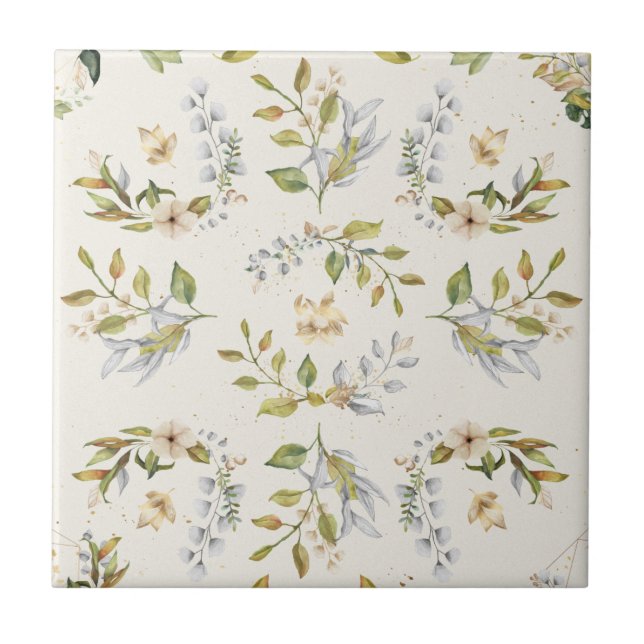 Silver, Sage, Gold, Cream Floral Seamless Clear Tile (Front)