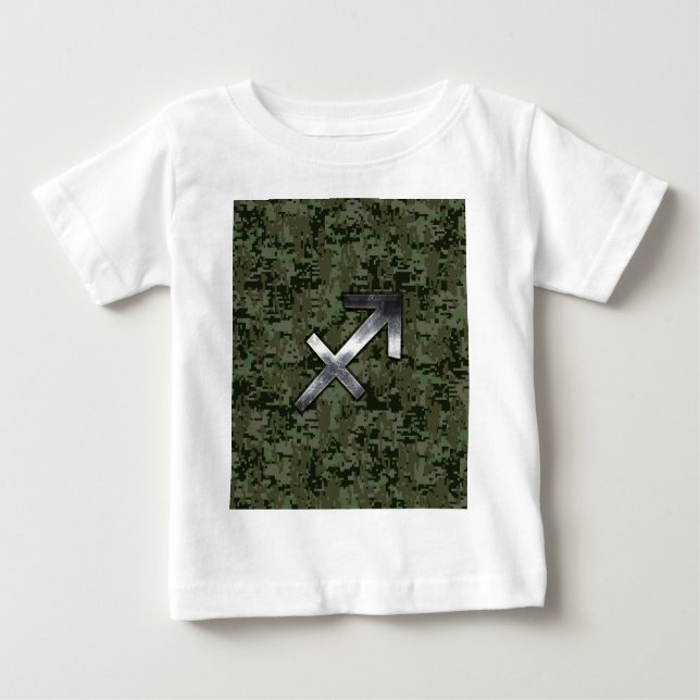 Silver Sagittarius Sign on Woodland Digital Camo Baby T-Shirt (Front)