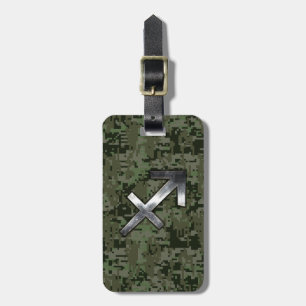 Silver Sagittarius Sign on Woodland Digital Camo Luggage Tag