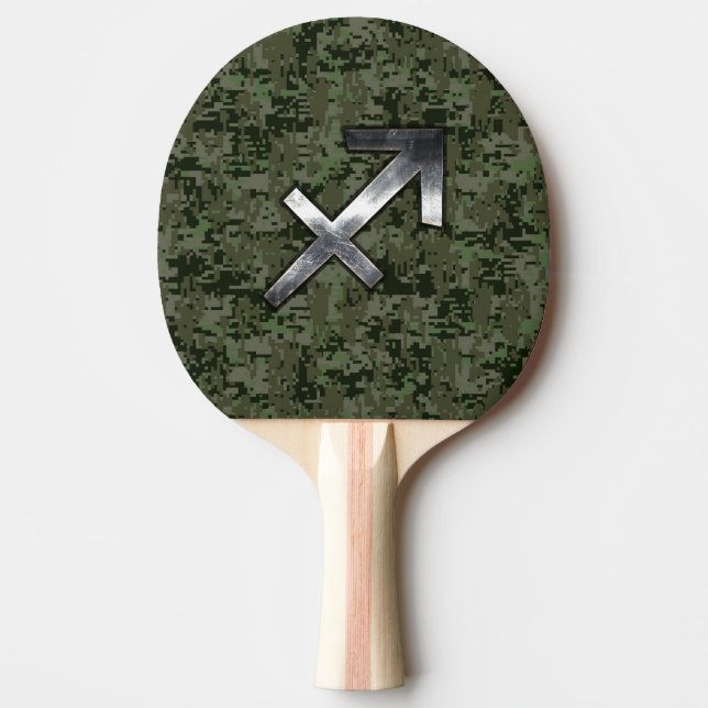 Silver Sagittarius Sign on Woodland Digital Camo Ping Pong Paddle (Front)
