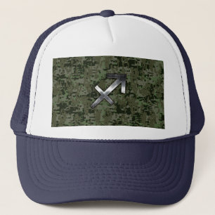Silver Sagittarius Sign on Woodland Digital Camo Trucker Hat