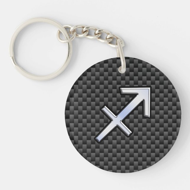 Silver Sagittarius Zodiac Sign Carbon Fibre Print Key Ring (Front)