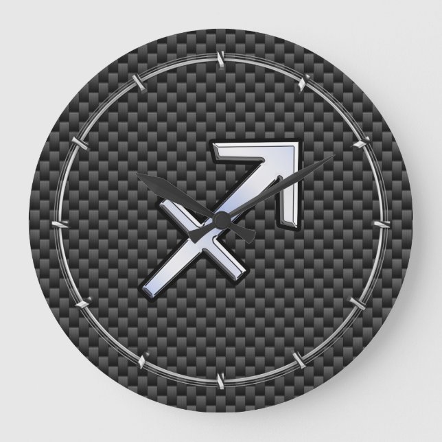 Silver Sagittarius Zodiac Sign Carbon Fibre Print Large Clock (Front)