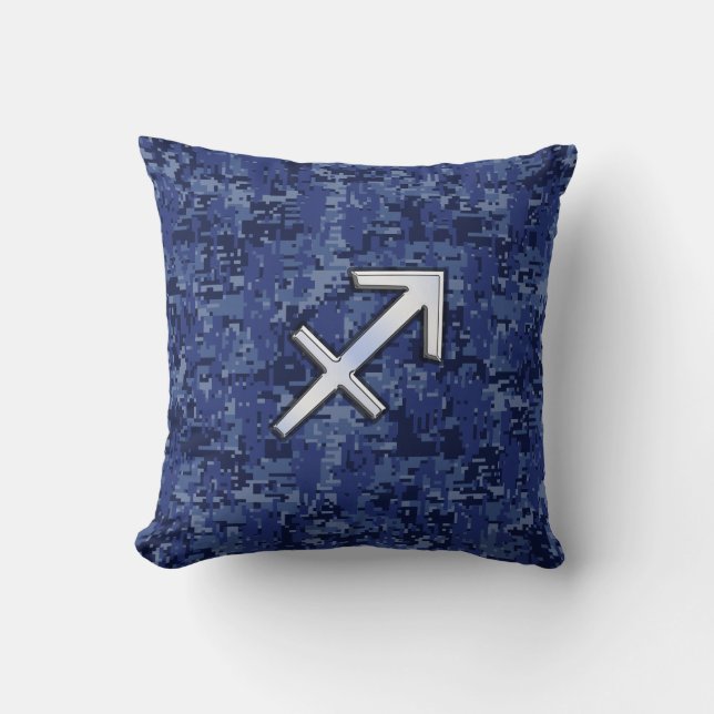 Silver Sagittarius Zodiac Sign Navy Digital Camo Cushion (Front)