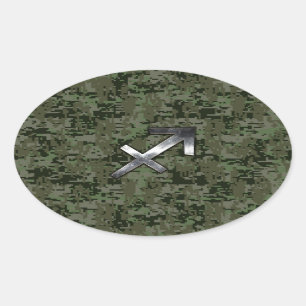 Silver Sagittarius Zodiac Woodland Digital Camo Oval Sticker