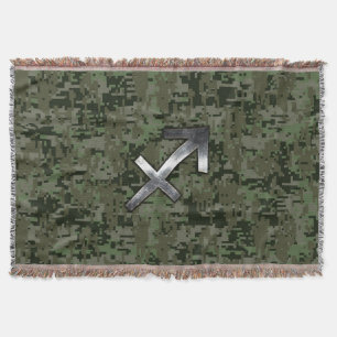 Silver Sagittarius Zodiac Woodland Digital Camo Throw Blanket