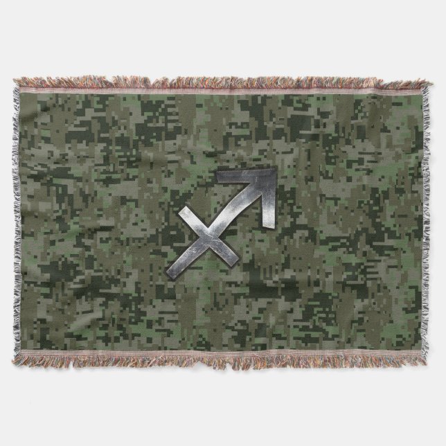 Silver Sagittarius Zodiac Woodland Digital Camo Throw Blanket (Front)