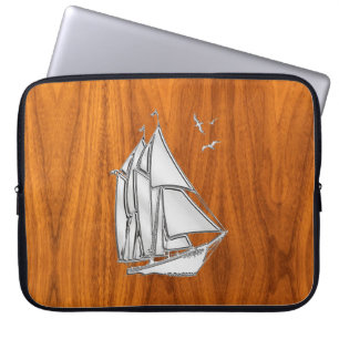 Silver Sail Boat on Teak Veneer Decor Laptop Sleeve