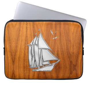 Silver Sail Boat on Teak Veneer Decor Laptop Sleeve
