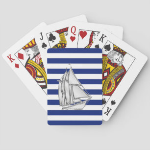 Silver Sailboat on Nautical Blue Stripes Playing Cards