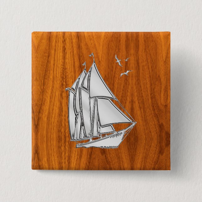 Silver Sailboat on Teak Veneer Styles 15 Cm Square Badge (Front)