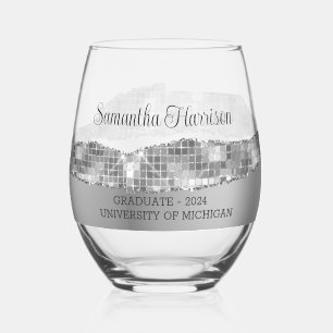 Silver Satin and Glitter College Graduation Stemless Wine Glass