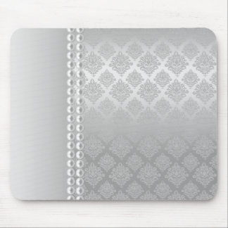 Silver Satin Damask White Pearls Fabric padfolio Mouse Pad