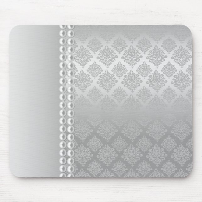 Silver Satin Damask White Pearls Fabric padfolio Mouse Pad (Front)
