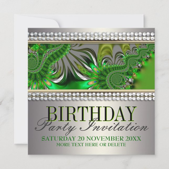 Silver Satin Green Swirl Birthday Party Invitation (Front)