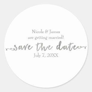 Silver Save the Date Script Custom Personalised Classic Round Sticker