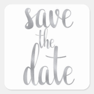 Silver save the date stickers, foil font square sticker