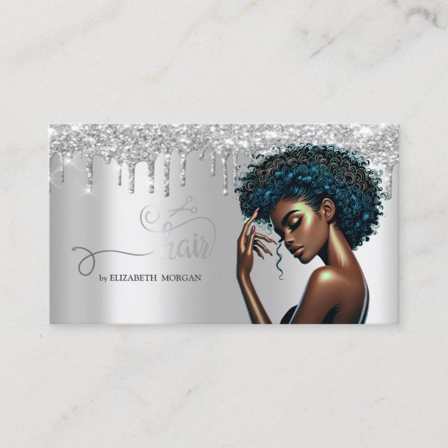 Silver Scissors Afro American Women Glitter Drips  Business Card (Front)