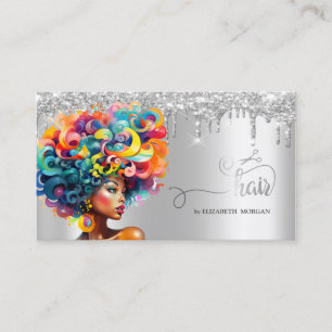 Silver Scissors Afro Women Glitter Drips Business Card