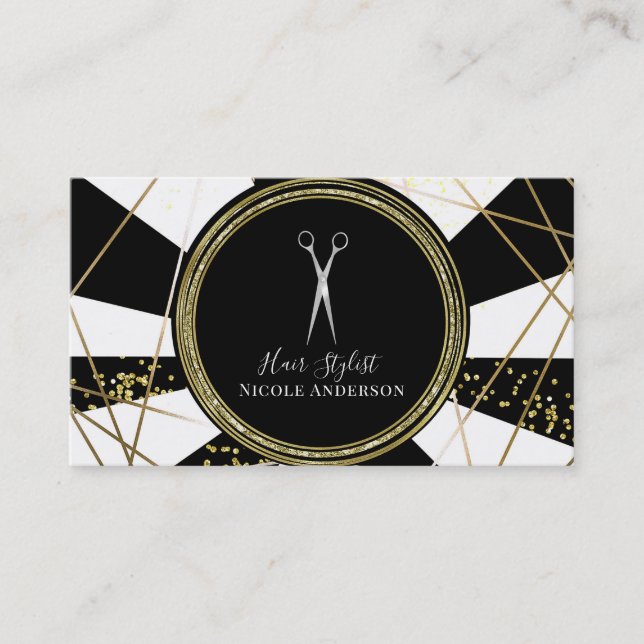 Silver Scissors Black Gold Glitter Hair Stylist Business Card (Front)