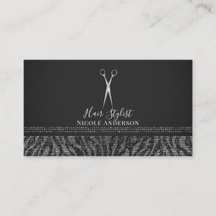 Silver Scissors Dark Grey Zebra Chic Hair Stylist Business Card