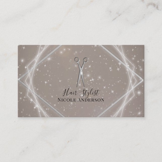 Silver Scissors Geometric Glow Hair Stylist Business Card (Front)