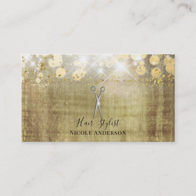 Silver Scissors Rustic Gold Lights Hair Stylist Business Card (Front)