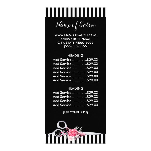Silver Scissors Stripes Floral Salon Price List Rack Card (Front)