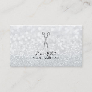 Silver Scissors White Glitter Chic Hair Stylist Business Card