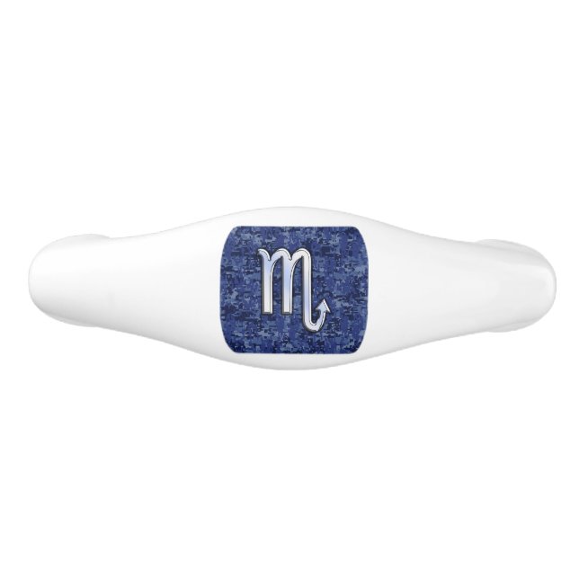 Silver Scorpio Zodiac Sign on Blue Camo Ceramic Drawer Pull (Front)