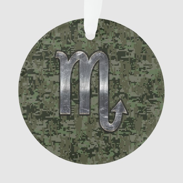 Silver Scorpio Zodiac Sign Woodland Digital Camo Ornament (Front)