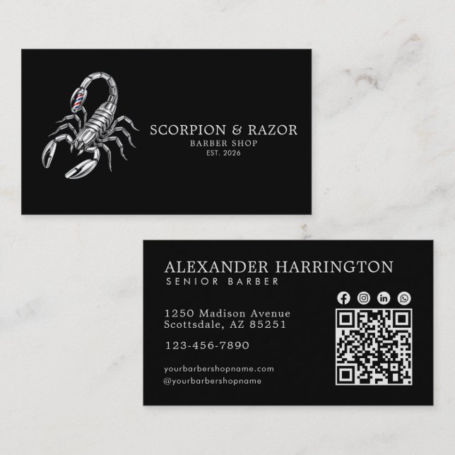 Silver Scorpion Professional Barber Shop Qr Code Business Card (Front/Back)