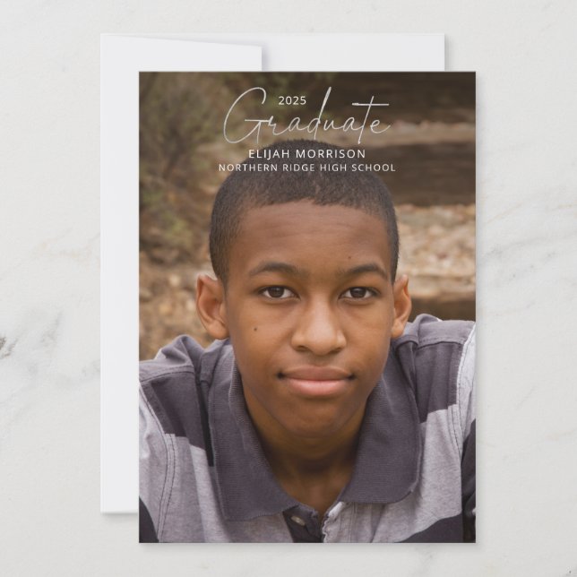 Silver Script Graduate Full Photo Graduation Party Invitation (Front)