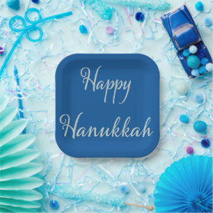 Silver Script Happy Hanukkah Tekhelet Blue Paper Plate