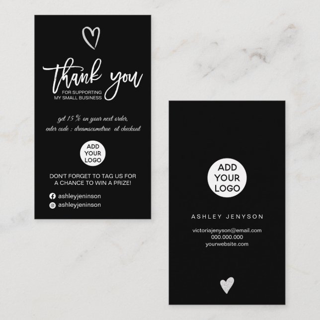 Silver script heart black logo order thank you business card (Front/Back)