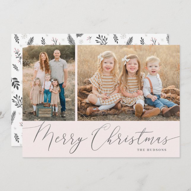 Silver Script Merry Christmas Elegant 2 Photo Holiday Card (Front/Back)