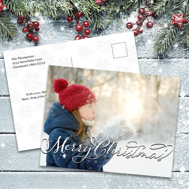 Silver Script Merry Christmas Photo Holiday Postcard (Merry Christmas Holiday Photo Postcard Template)