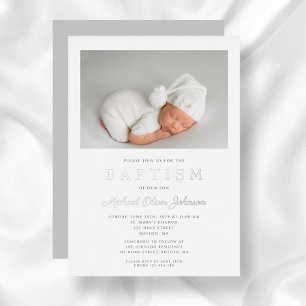 Silver Script Modern Grey Photo Boy Baptism