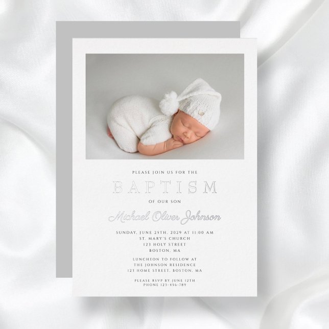 Silver Script Modern Grey Photo Boy Baptism (Silver Script Modern Gray Photo Boy Baptism Foil Invitation)