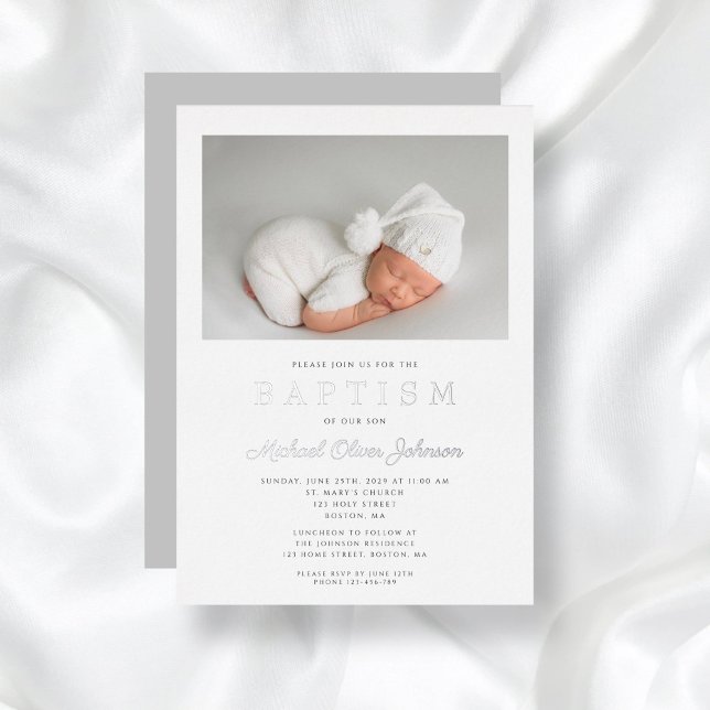 Silver Script Modern Grey Photo Boy Baptism (Silver Script Modern Gray Photo Boy Baptism Foil Invitation)