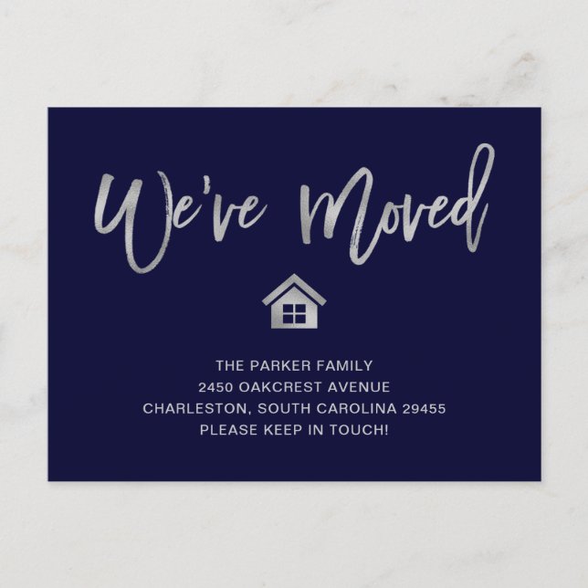 Silver Script on Navy Blue | Moving Announcement Postcard (Front)
